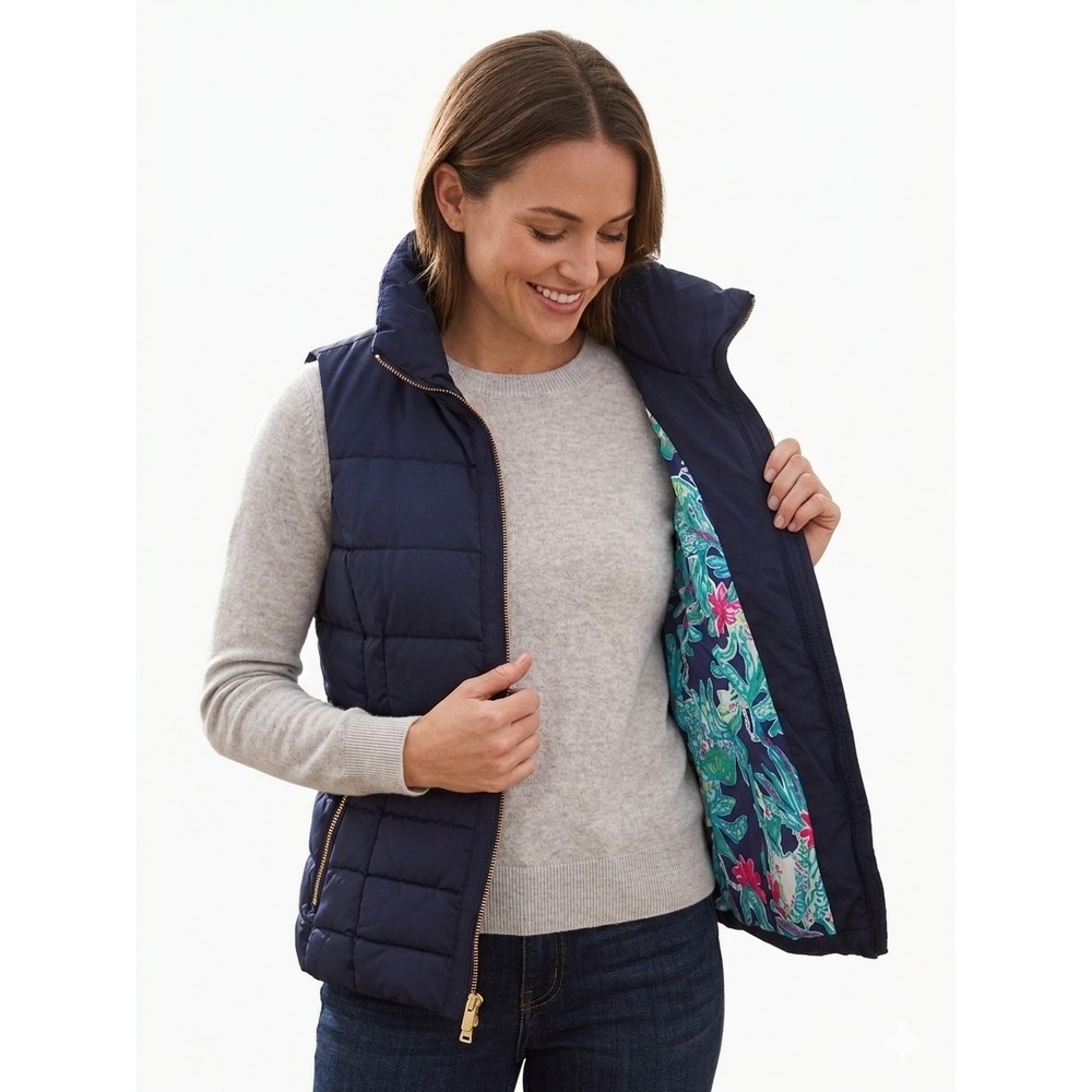 Lilly Pulitzer Puffer Vest Quilted Down Floral Lining Navy Blue‎ Size L